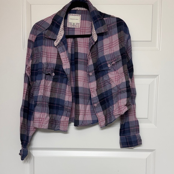 American Eagle Outfitters Tops - American Eagle Outfitters Pink and Purple Plaid Cropped Shirt